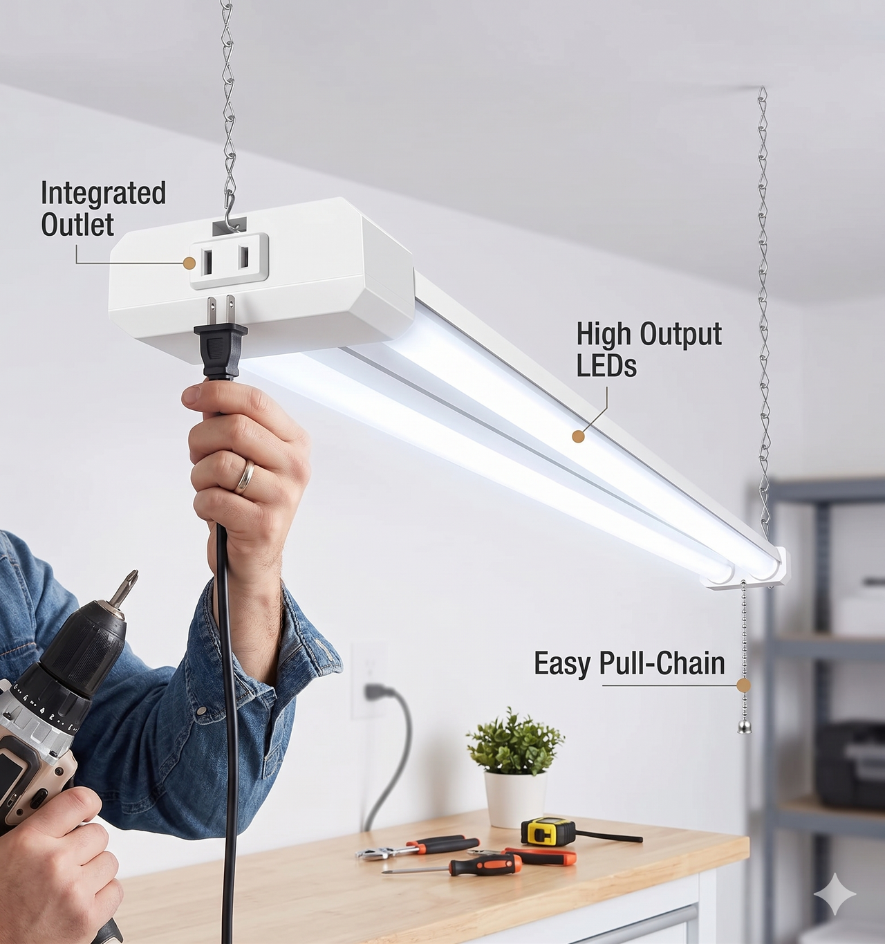 Eagle Reign 4FT LED Shop Light with Pull Chain & Outlet, Linkable Garage Light Fixture