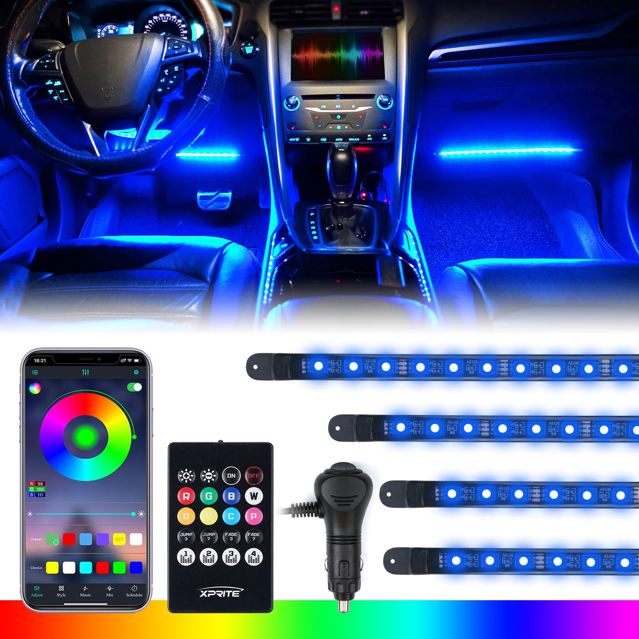 Juego de Luces LED RGB Para Interior con Bluetooth/Control Remoto Alimentado Por Enchufe de Cigarrillo Serie Celestial Xprite Set de 4